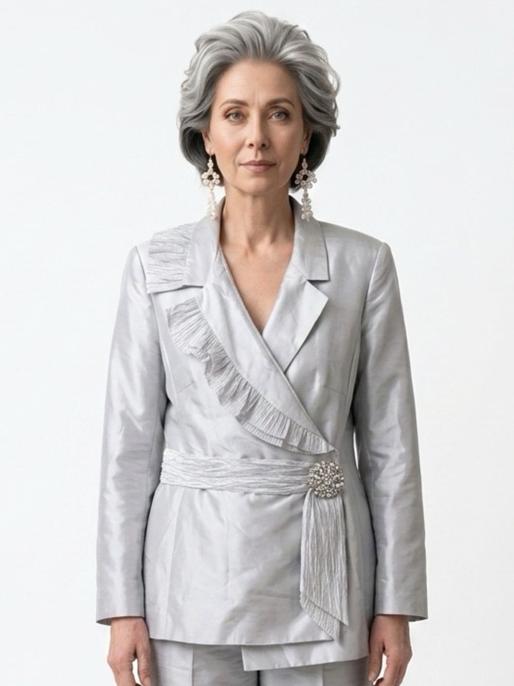 EMILY | Silver Embellished Buckle Wrap Jacket Ruffle Detail Women’s Size 16W